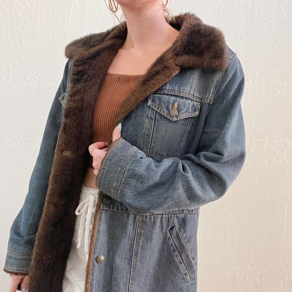 Vintage 90s/Y2K Brown Faux Fur Trim Jean Button Up Coat - Picture 3 of 7